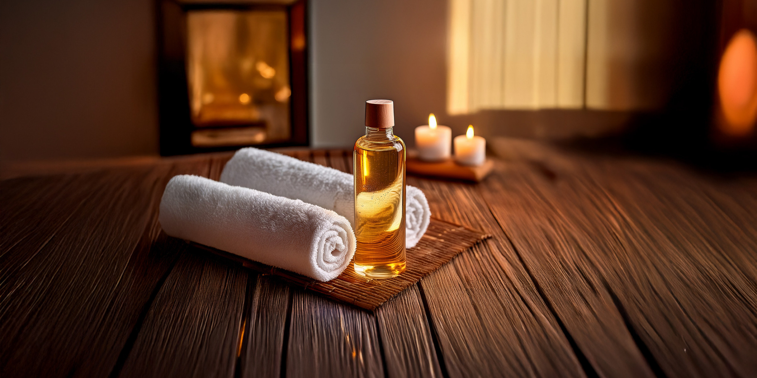 Ein entspannendes Spa-Setup: Zwei weiße Handtücher liegen auf einem Holztablett neben einer Flasche mit goldenem Öl. Im Hintergrund brennen kleine Kerzen, die eine beruhigende Atmosphäre schaffen.