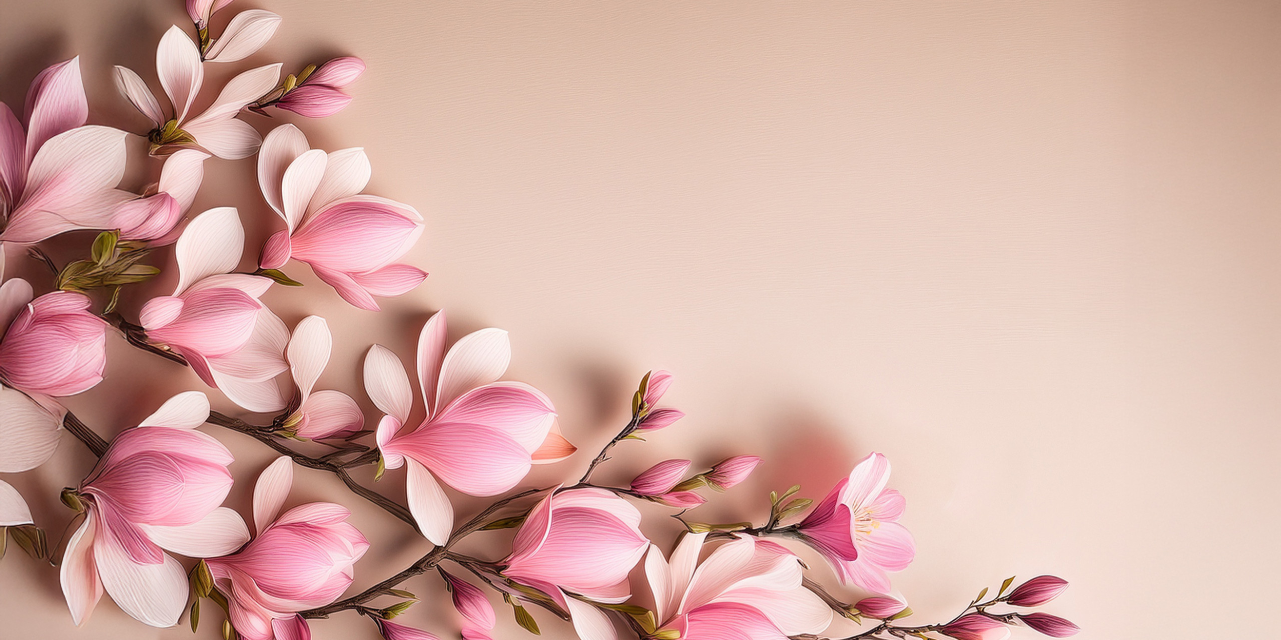 Ein zarter Ast mit pinken Magnolienblüten und Knospen auf einem sanften, hellen Hintergrund. Die Blumen strahlen Eleganz und Naturverbundenheit aus, ideal für einen frühlingshaften Akzent.