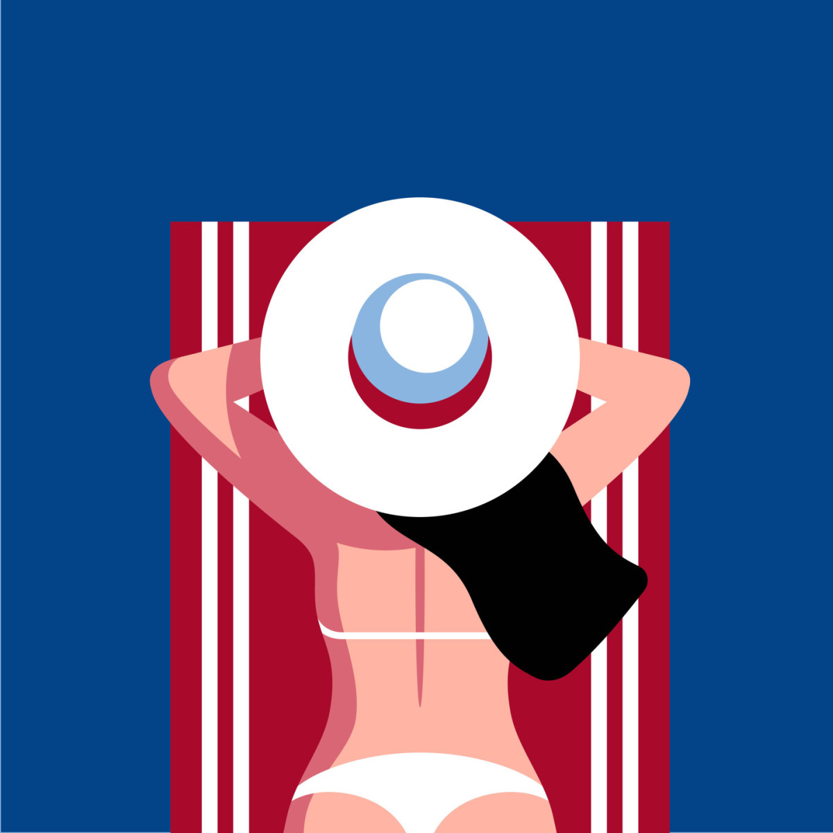Eine Person relaxiert auf einer Liege mit rot-gestreiftem Handtuch. Sie trägt einen großen, weißen Hut und eine hellen Bikini, umgeben von einem einfarbigen blauen Hintergrund.