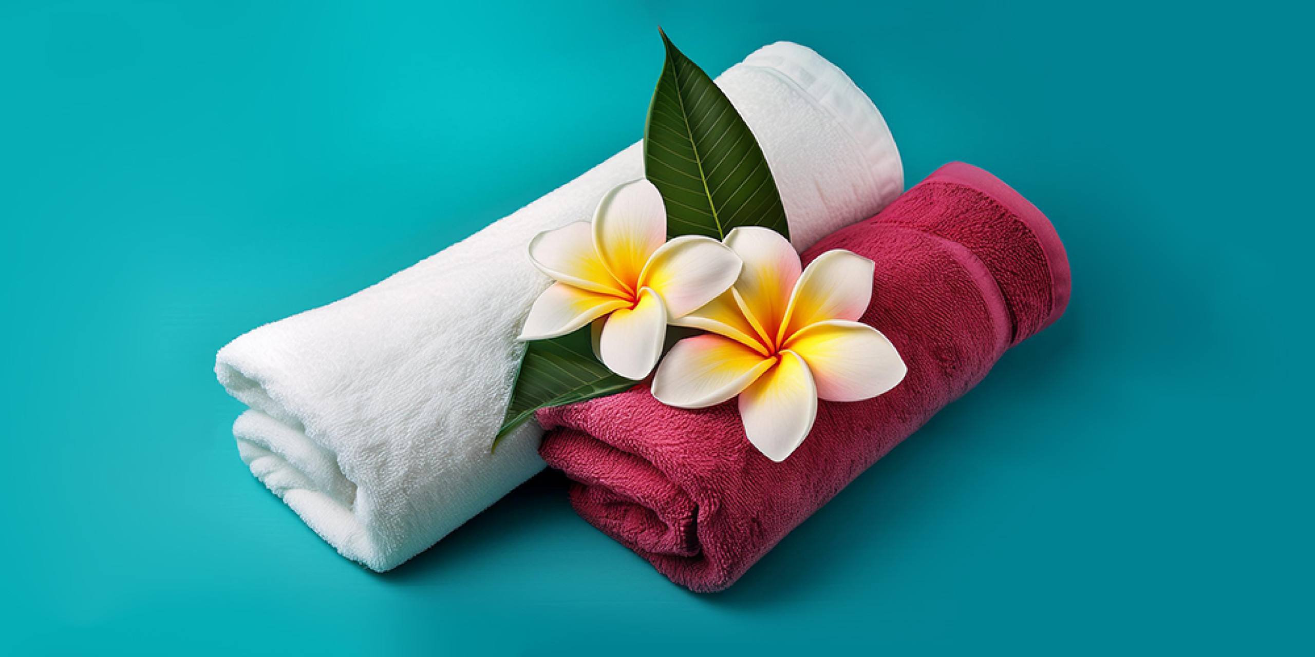 Zwei saubere Handtücher, eines weiß und eines rot, liegen übereinander auf einem türkisfarbenen Hintergrund. Eine duftende Blüte und Blätter schmücken die Tücher.