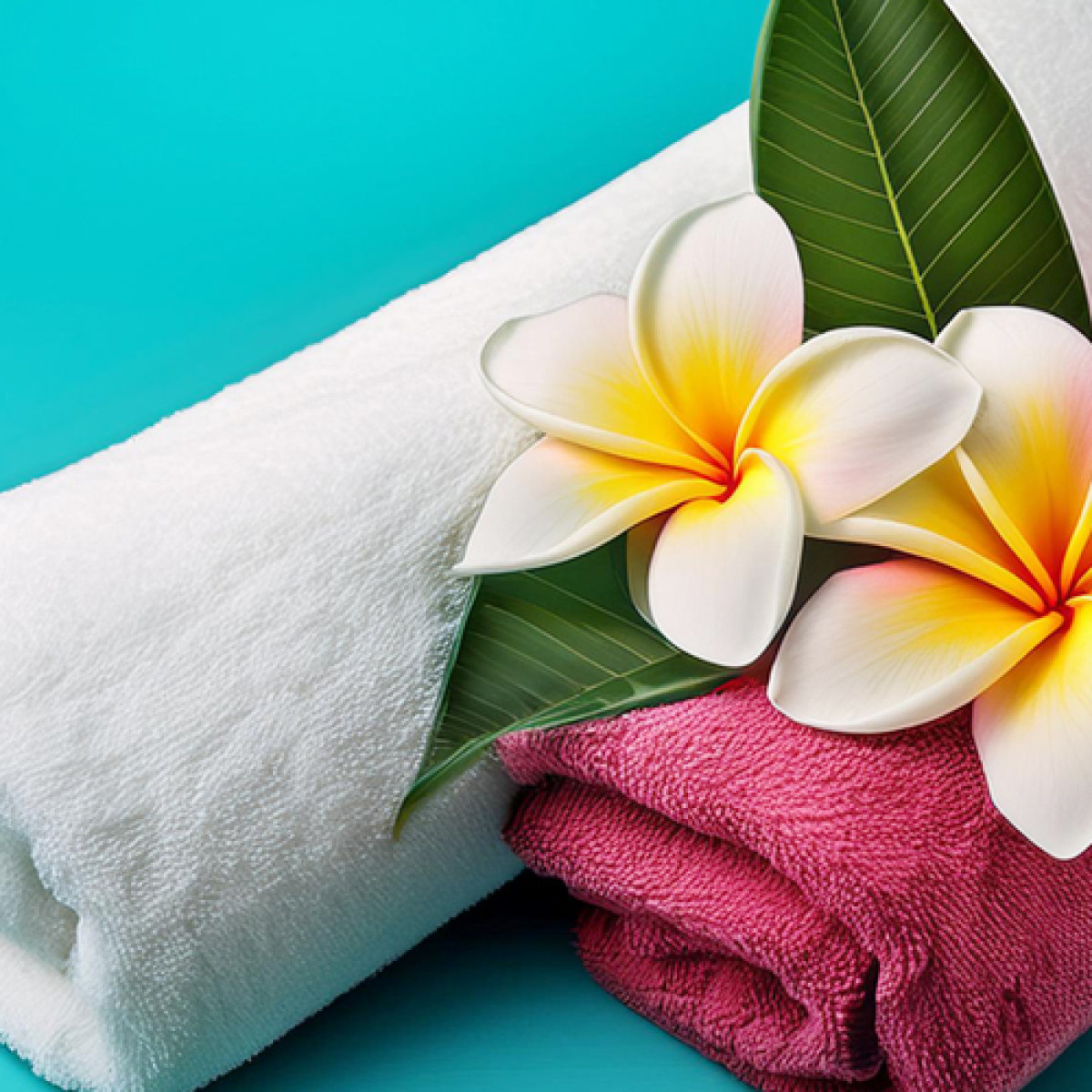 Zwei frische Handtücher, eines weiß und eines pink, liegen auf einem türkisfarbenen Untergrund. Neben den Handtüchern sind zwei blühende Frangipani-Blüten und grüne Blätter arrangiert.