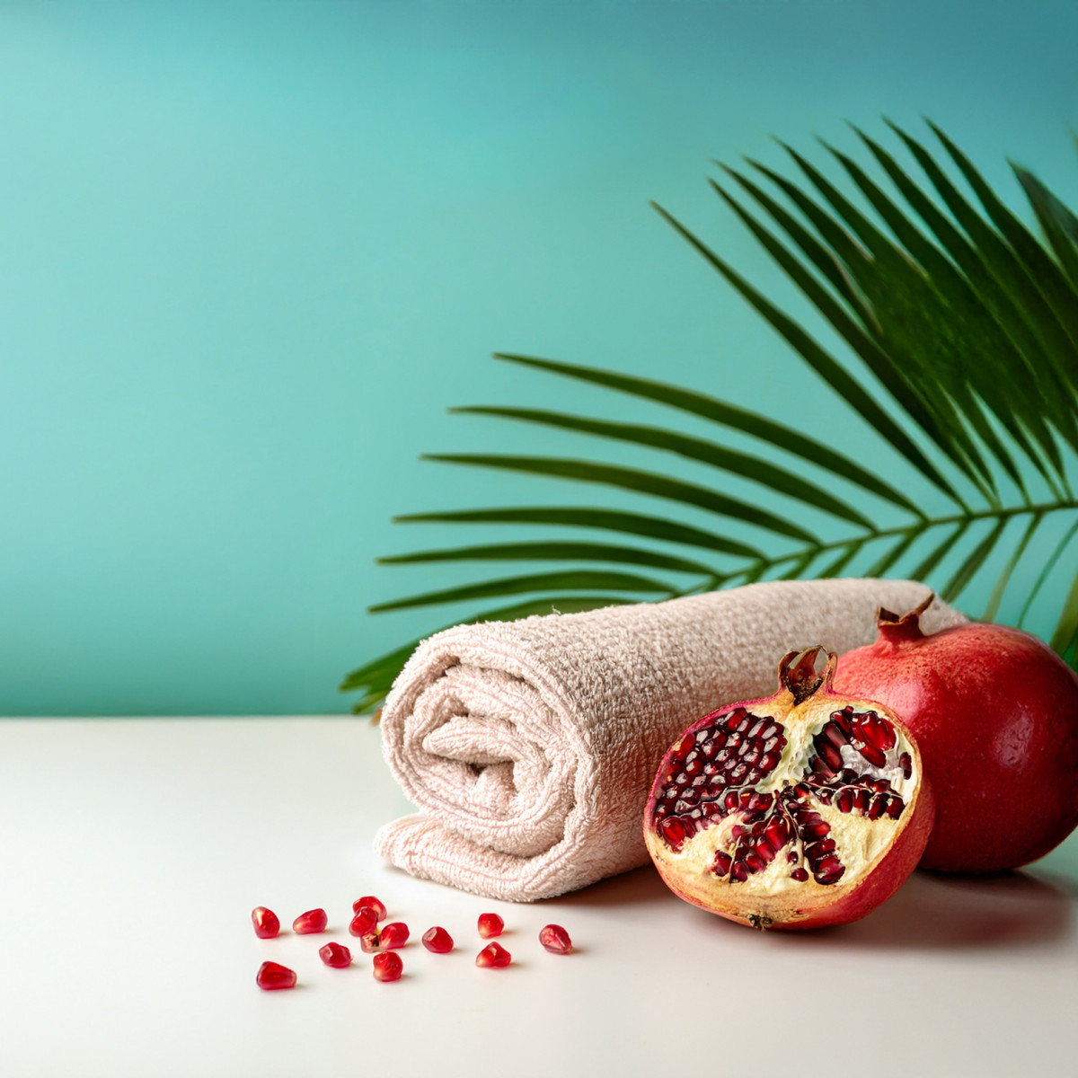 Ein flauschiges, cremefarbenes Handtuch liegt auf einem weißen Tisch, neben einer halb aufgeschnittenen Granatapfel und einer ganzen Granate. Im Hintergrund sind grüne Palmblätter und ein sanfter aqua